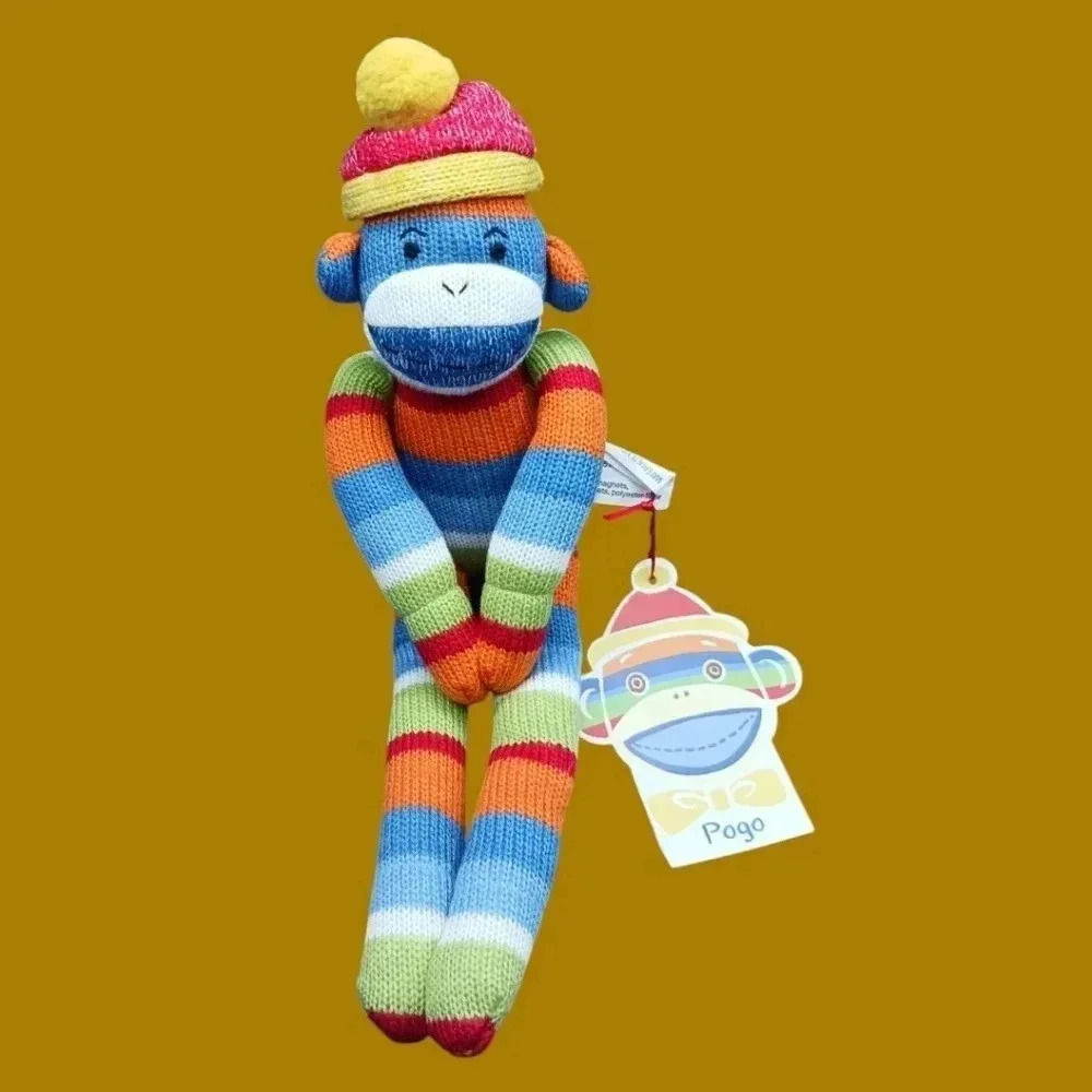 Monkeez & Friends Pogo Striped Sock Monkey Plush Multicolor Pom-Pom Hat